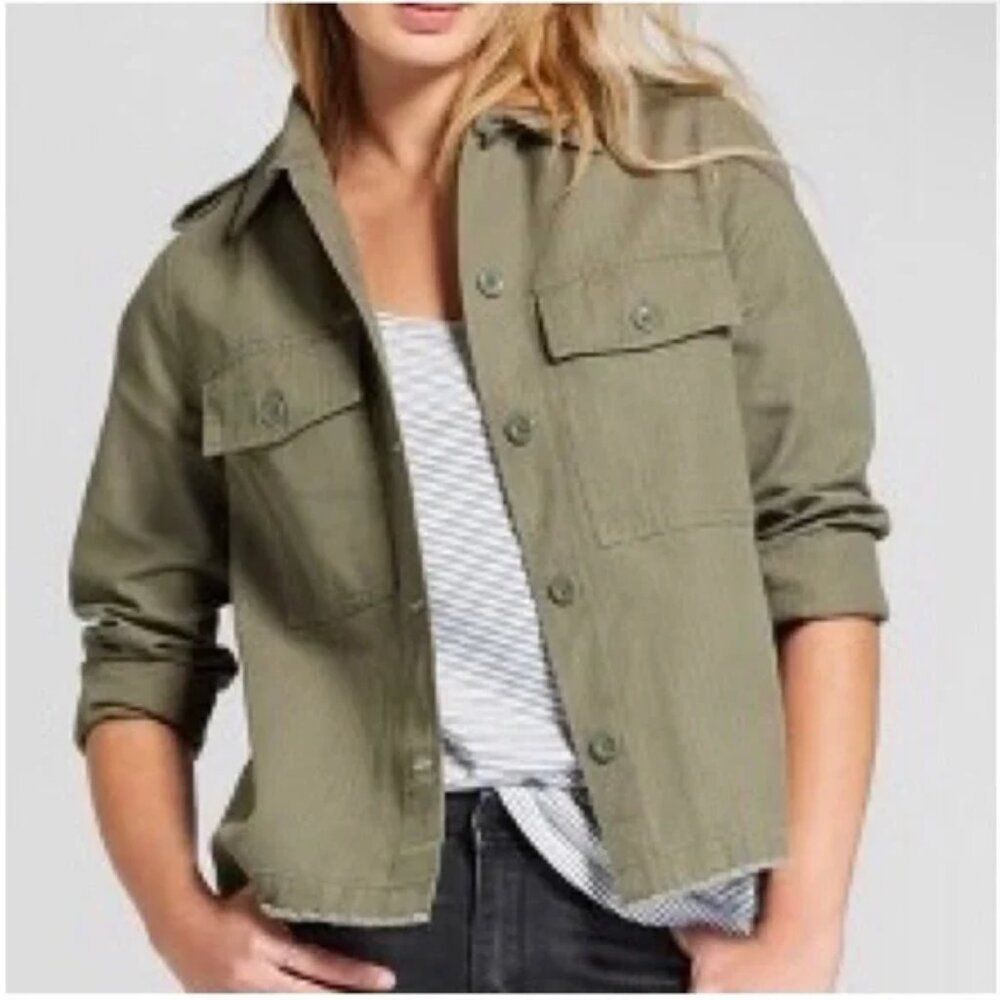 EUC Universal Thread Army Green Military Jacket Women's Large Raw Hem Grunge